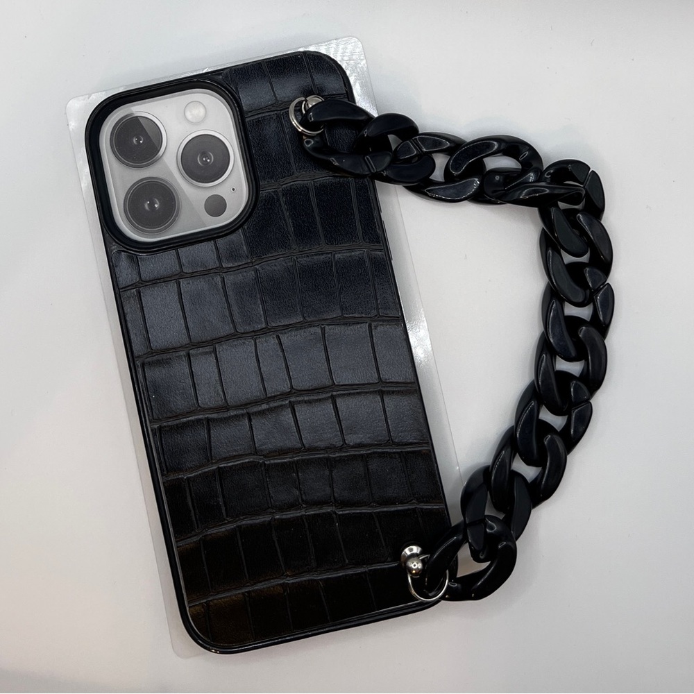 Black Croc Pattern Phone Case with Chain